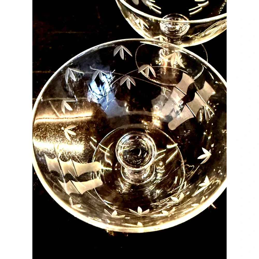 Set Of 4 Noritake Sasaki Etched Bamboo Crystal Low Sherbert Glasses 3-1/4